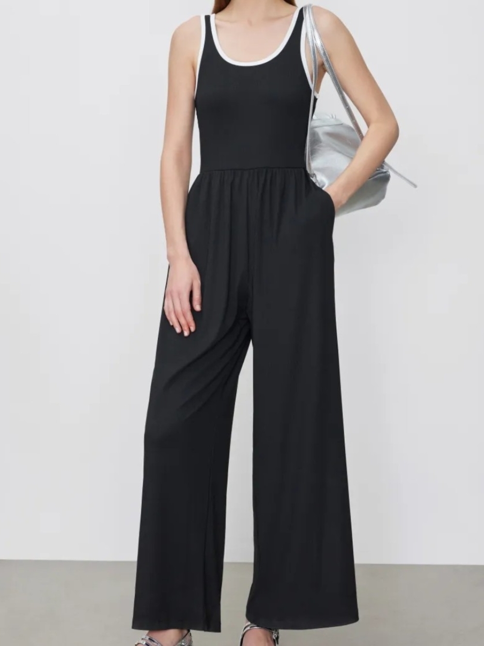Black Wide-Leg Jumpsuit with Contrast Trim